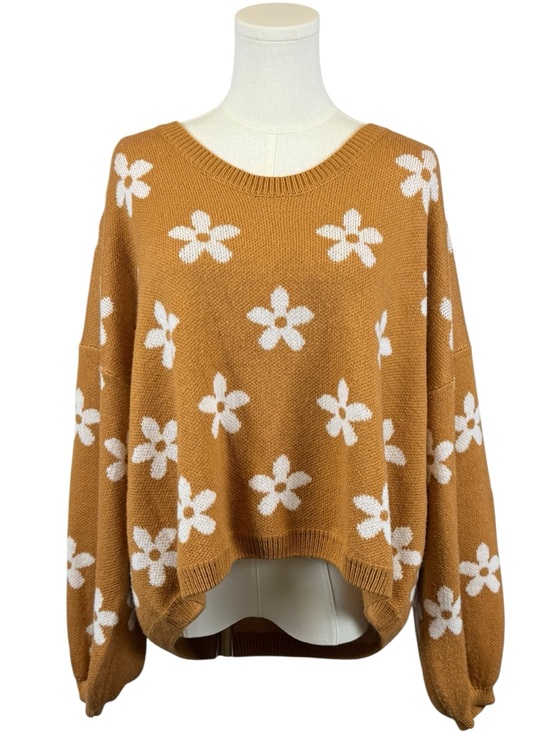 Altar'd State Sweaters - Altar'd State Brown White Daisy Floral V-Neck Balloon Sleeve Sweater Women's Med